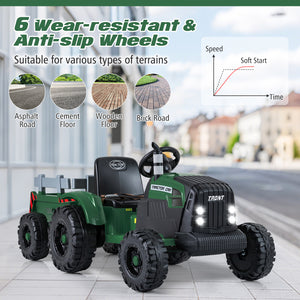 24V Ride On Tractor for Kids Electric Vehicle with Detachable Trailer and Remote Control-Dark Green
