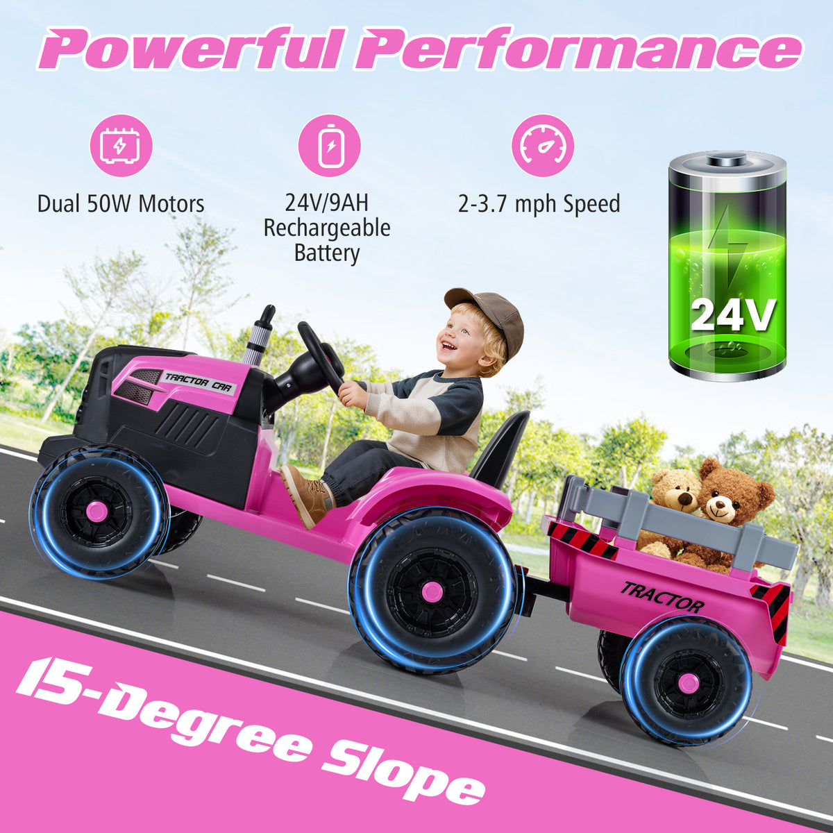 24V Ride On Tractor for Kids Electric Vehicle with Detachable Trailer and Remote Control-Pink