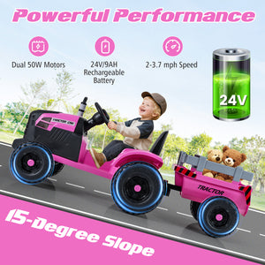 24V Ride On Tractor for Kids Electric Vehicle with Detachable Trailer and Remote Control-Pink