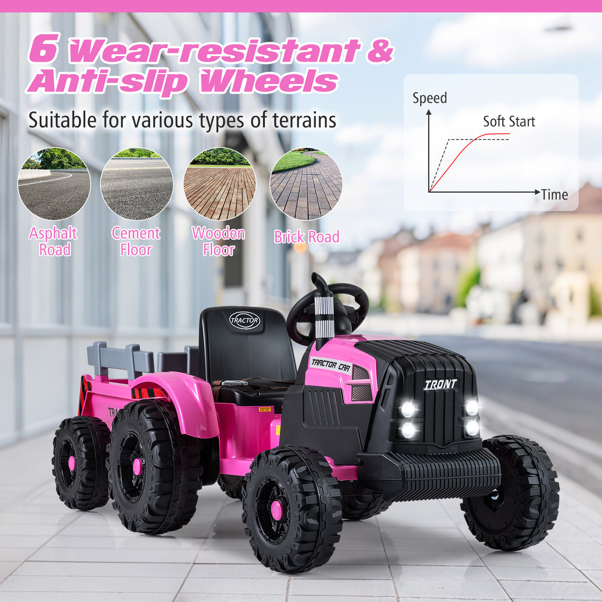 24V Ride On Tractor for Kids Electric Vehicle with Detachable Trailer and Remote Control-Pink