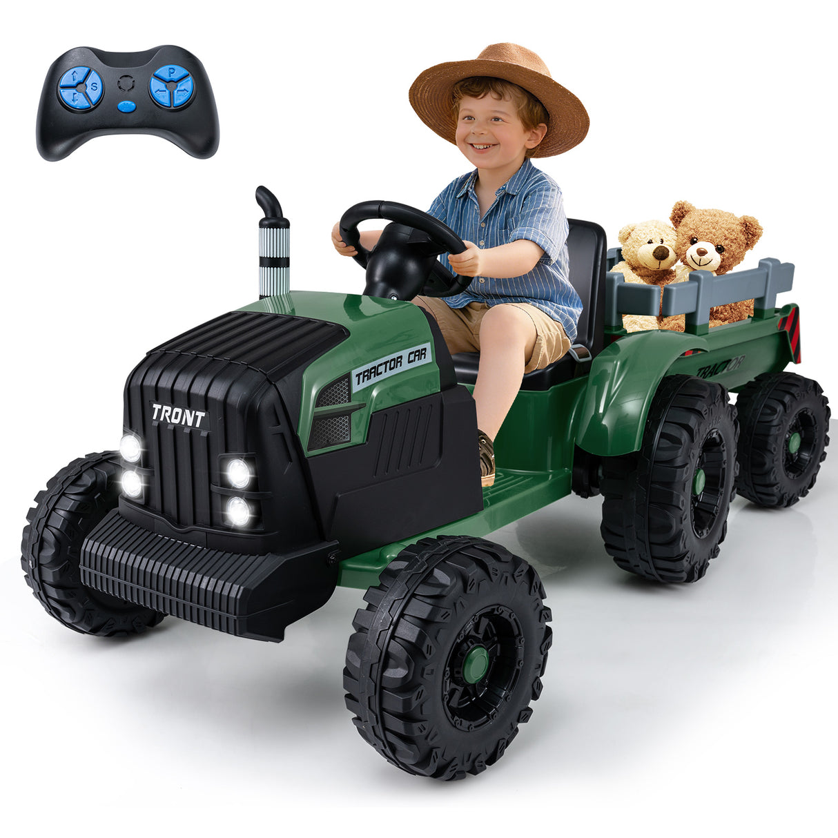 24V Ride On Tractor for Kids Electric Vehicle with Detachable Trailer and Remote Control-Dark Green