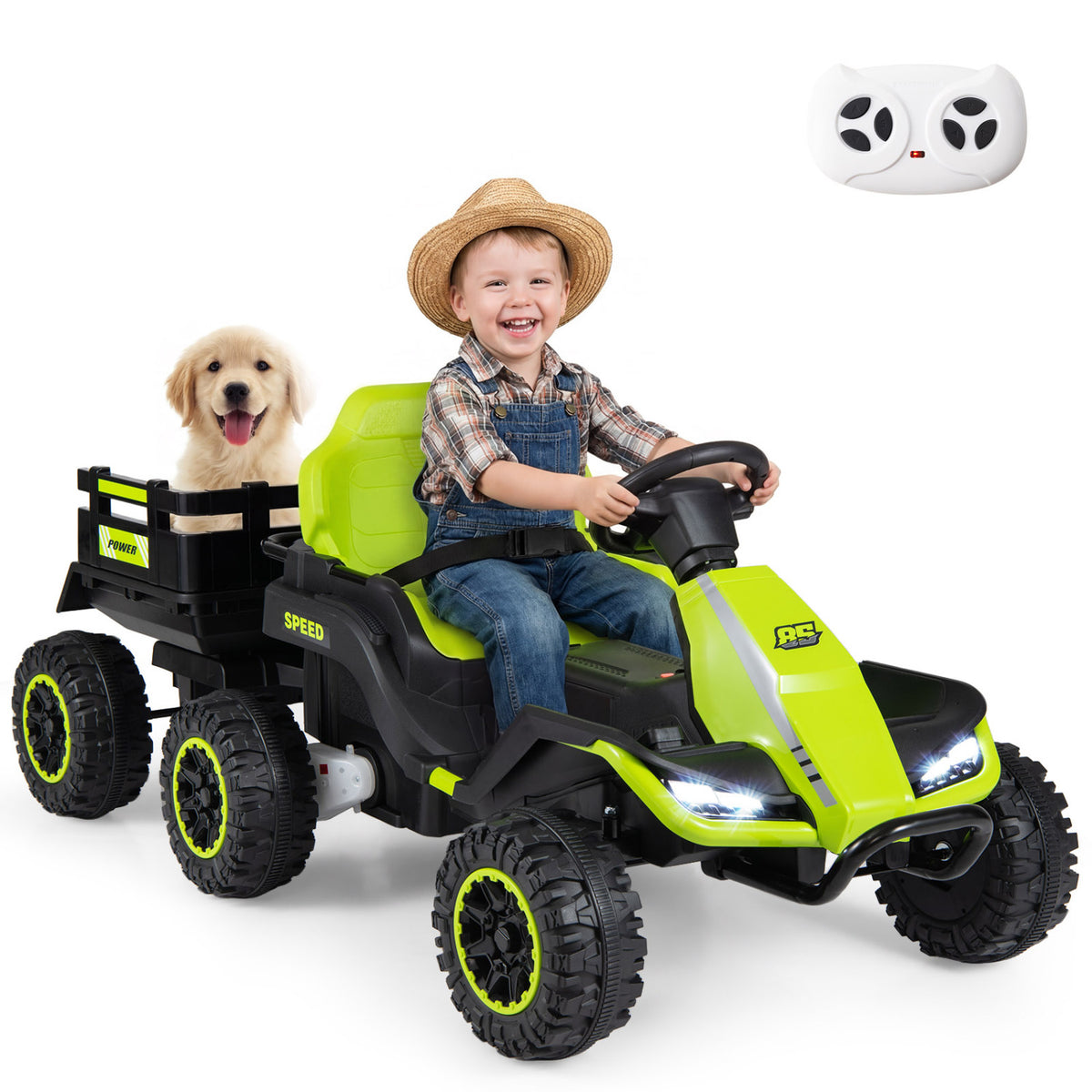 24V Ride on Tractor with Detachable Trailer and Music for Boys Girls-Green