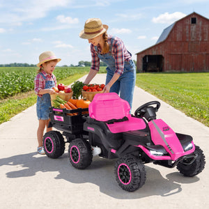 24V Ride on Tractor with Detachable Trailer and Music for Boys Girls-Pink