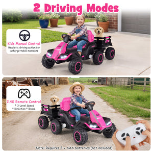 24V Ride on Tractor with Detachable Trailer and Music for Boys Girls-Pink
