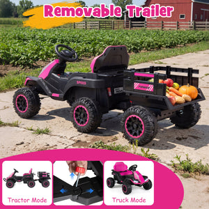 24V Ride on Tractor with Detachable Trailer and Music for Boys Girls-Pink