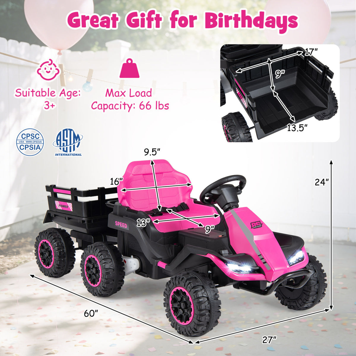 24V Ride on Tractor with Detachable Trailer and Music for Boys Girls-Pink