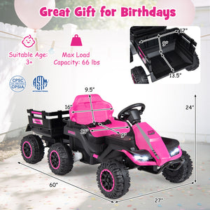 24V Ride on Tractor with Detachable Trailer and Music for Boys Girls-Pink