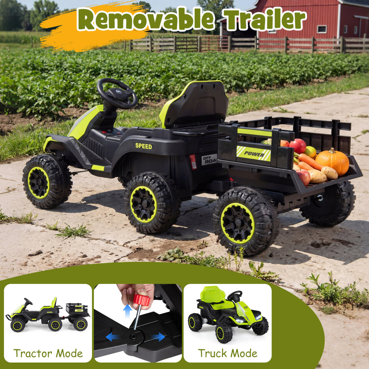 24V Ride on Tractor with Detachable Trailer and Music for Boys Girls-Green