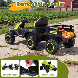 24V Ride on Tractor with Detachable Trailer and Music for Boys Girls-Green