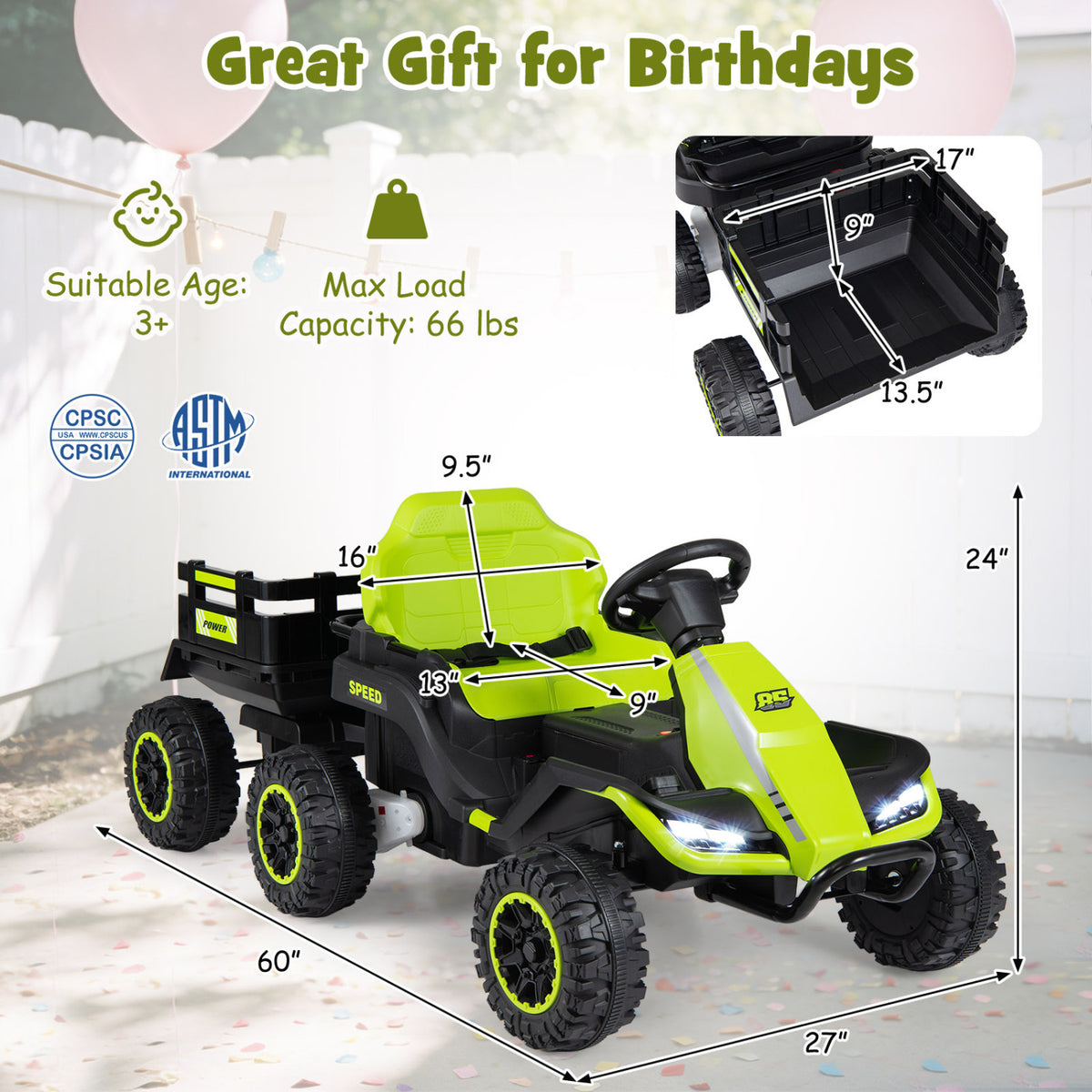 24V Ride on Tractor with Detachable Trailer and Music for Boys Girls-Green