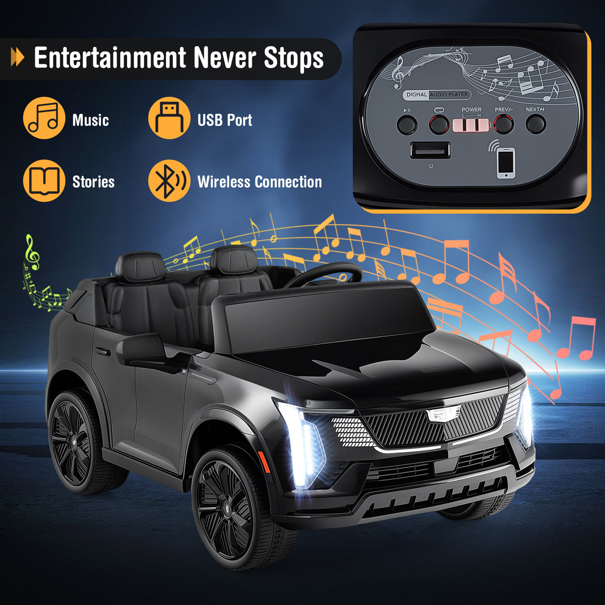 24V Ride on Truck 2-Seater Licensed Cadillac with Remote Control-Black