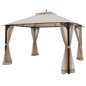 12 x 10 Feet Outdoor Double Top Patio Gazebo with Netting-Brown