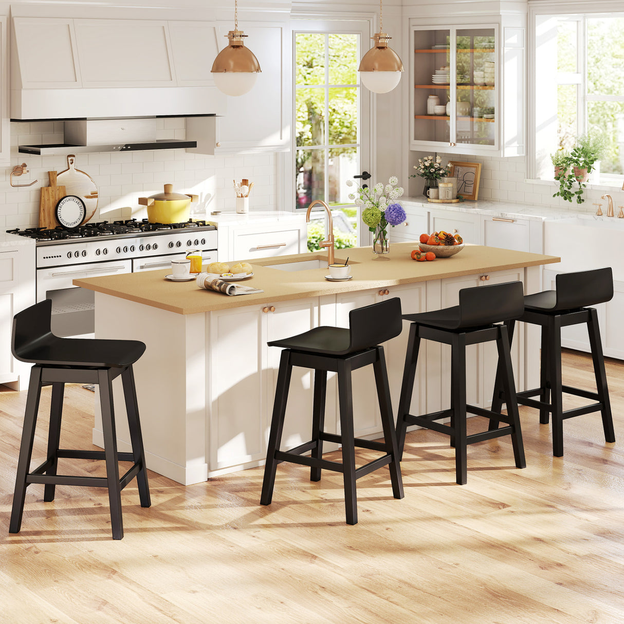 24.5 Inch Swivel Wooden Bar Stools Set of 4 with Rubber Wood Legs and Low Back-Black