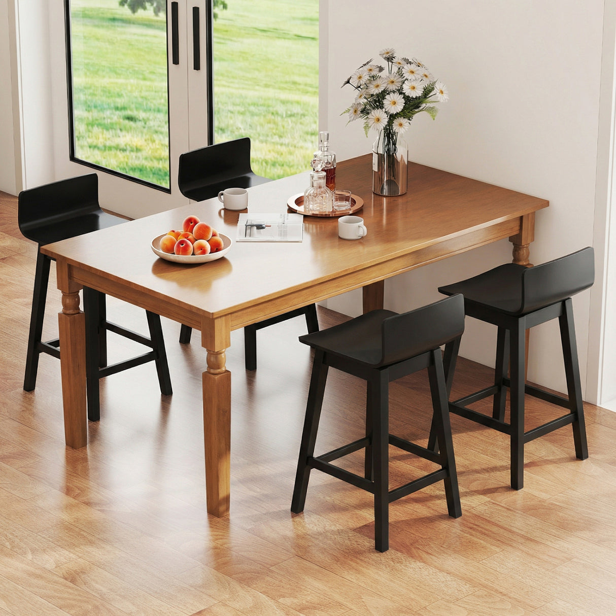 24.5 Inch Swivel Wooden Bar Stools Set of 4 with Rubber Wood Legs and Low Back-Black