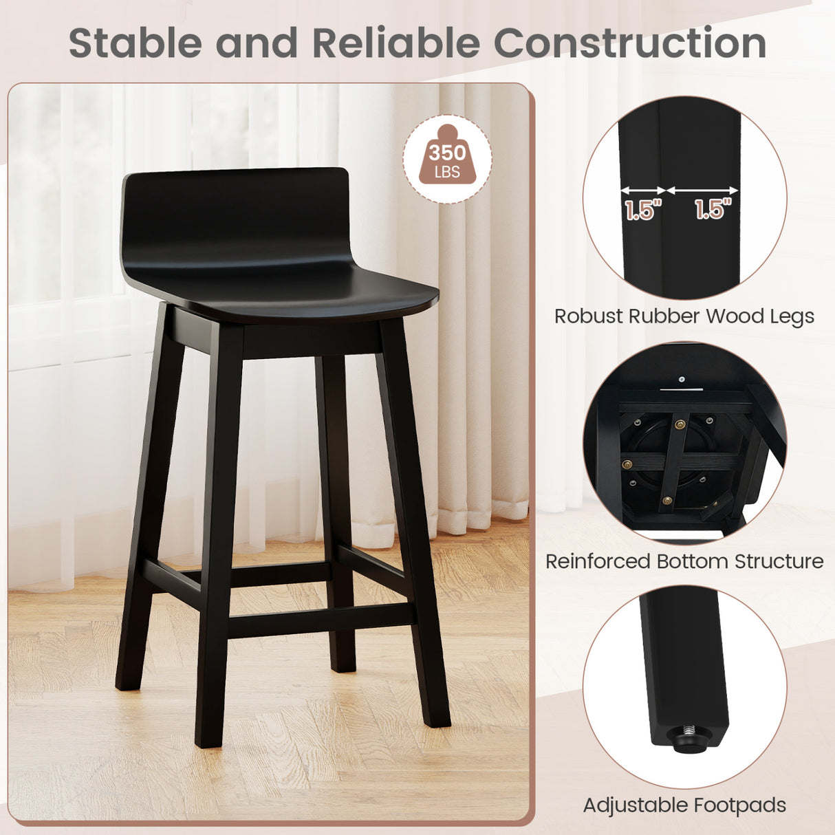 24.5 Inch Swivel Wooden Bar Stools Set of 4 with Rubber Wood Legs and Low Back-Black