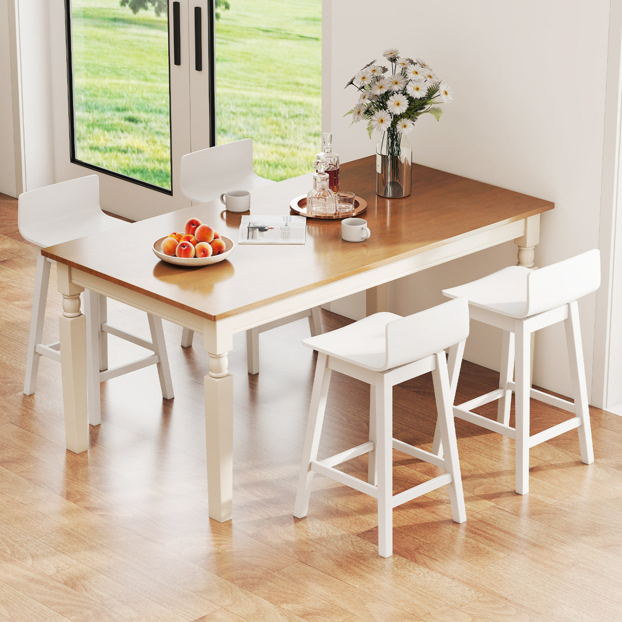 24.5 Inch Swivel Wooden Bar Stools Set of 4 with Rubber Wood Legs and Low Back-White