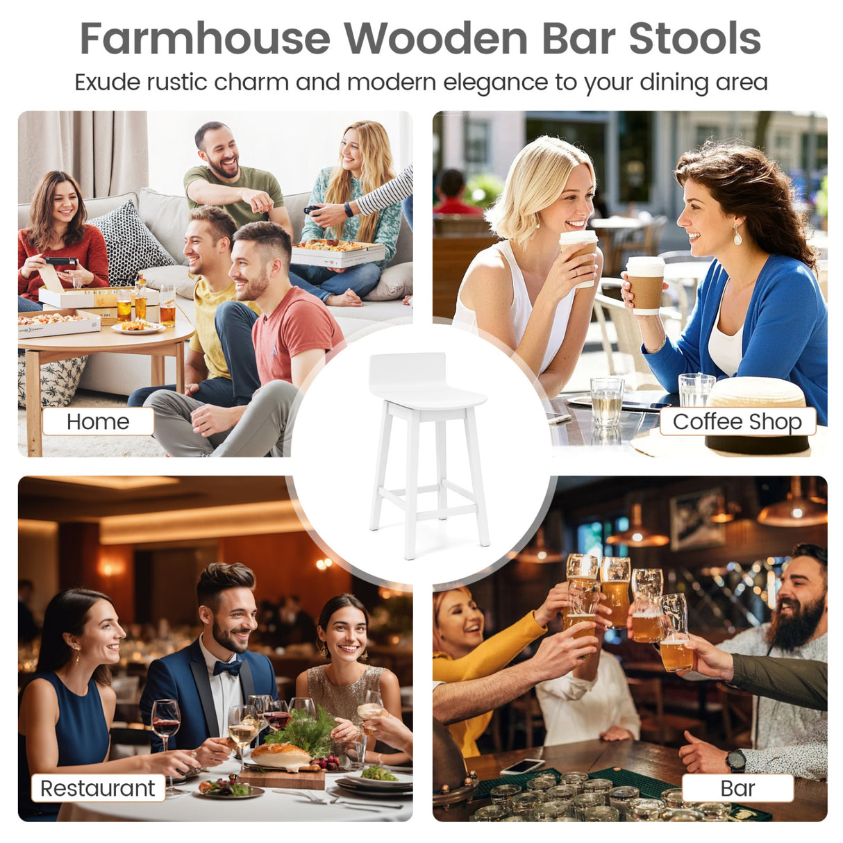 24.5 Inch Swivel Wooden Bar Stools Set of 4 with Rubber Wood Legs and Low Back-White