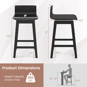 24.5 Inch Swivel Wooden Bar Stools Set of 2 with Rubber Wood Legs and Low Back-Black