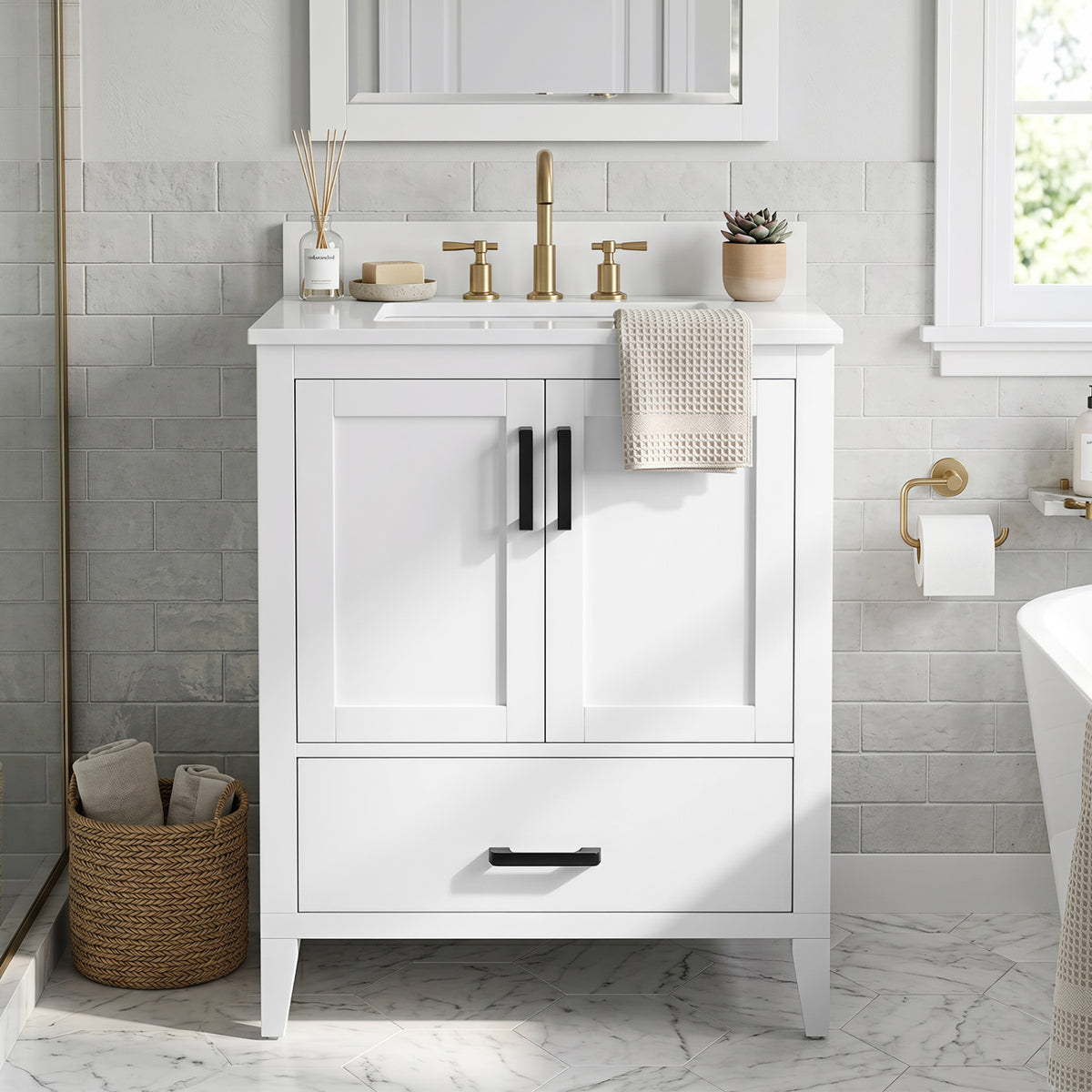 24.5" Modern Bathroom Vanity with Sink 2 Doors and Drawer-White
