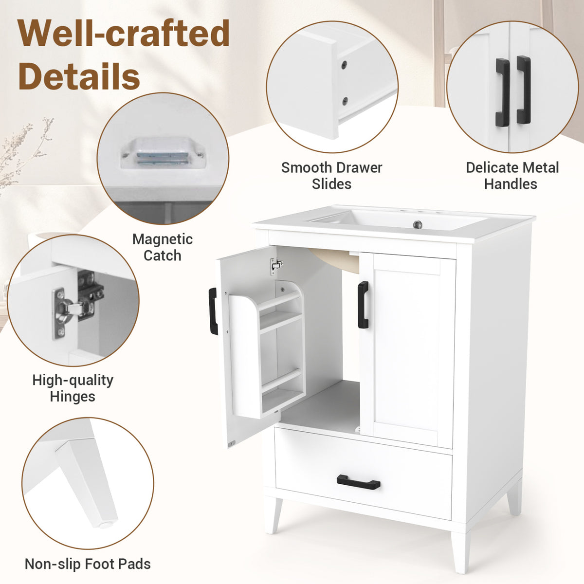 24.5" Modern Bathroom Vanity with Sink 2 Doors and Drawer-White