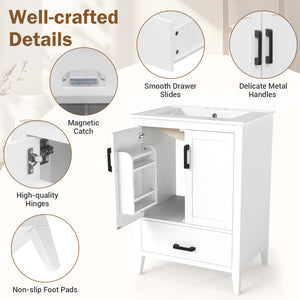 24.5" Modern Bathroom Vanity with Sink 2 Doors and Drawer-White