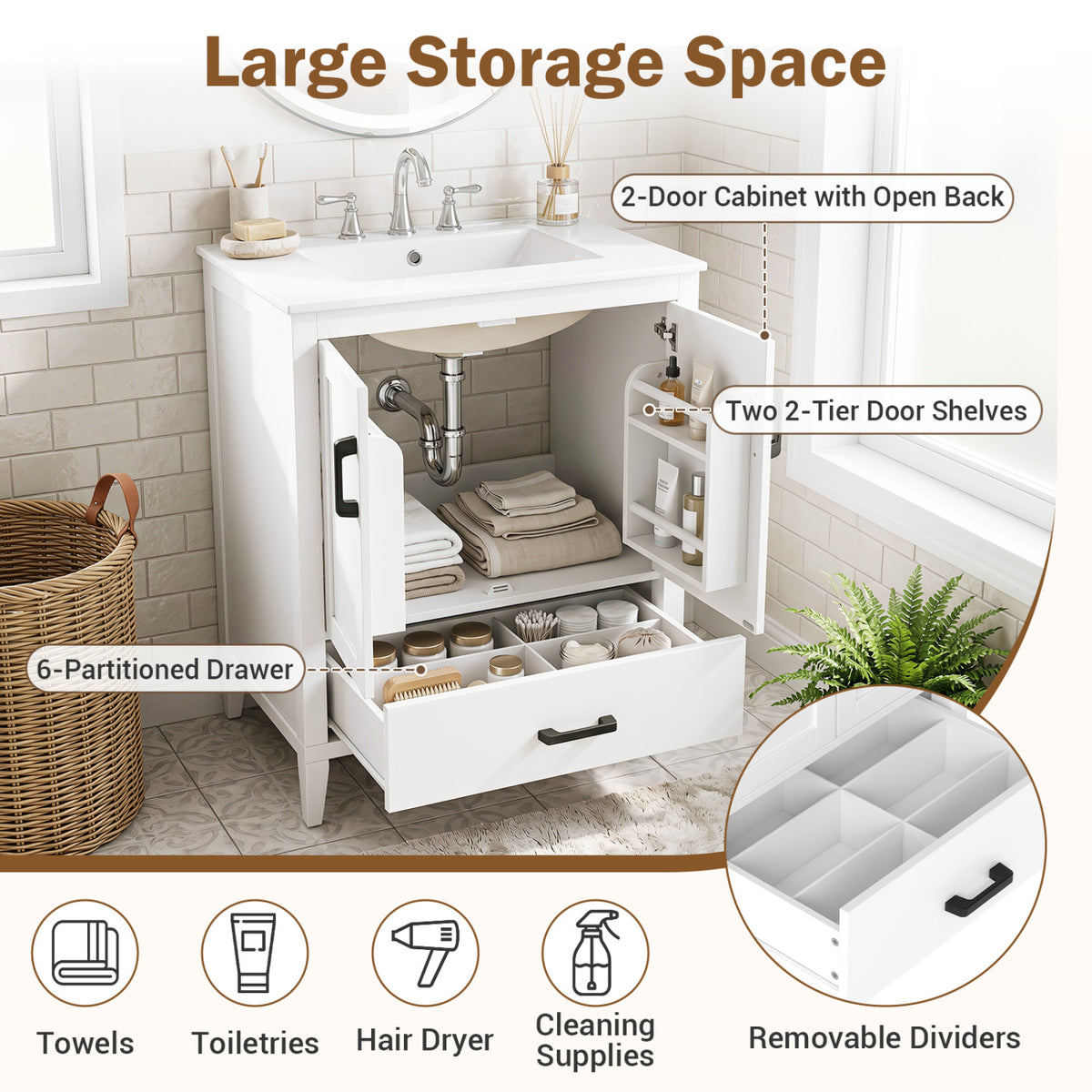 24.5" Modern Bathroom Vanity with Sink 2 Doors and Drawer-White