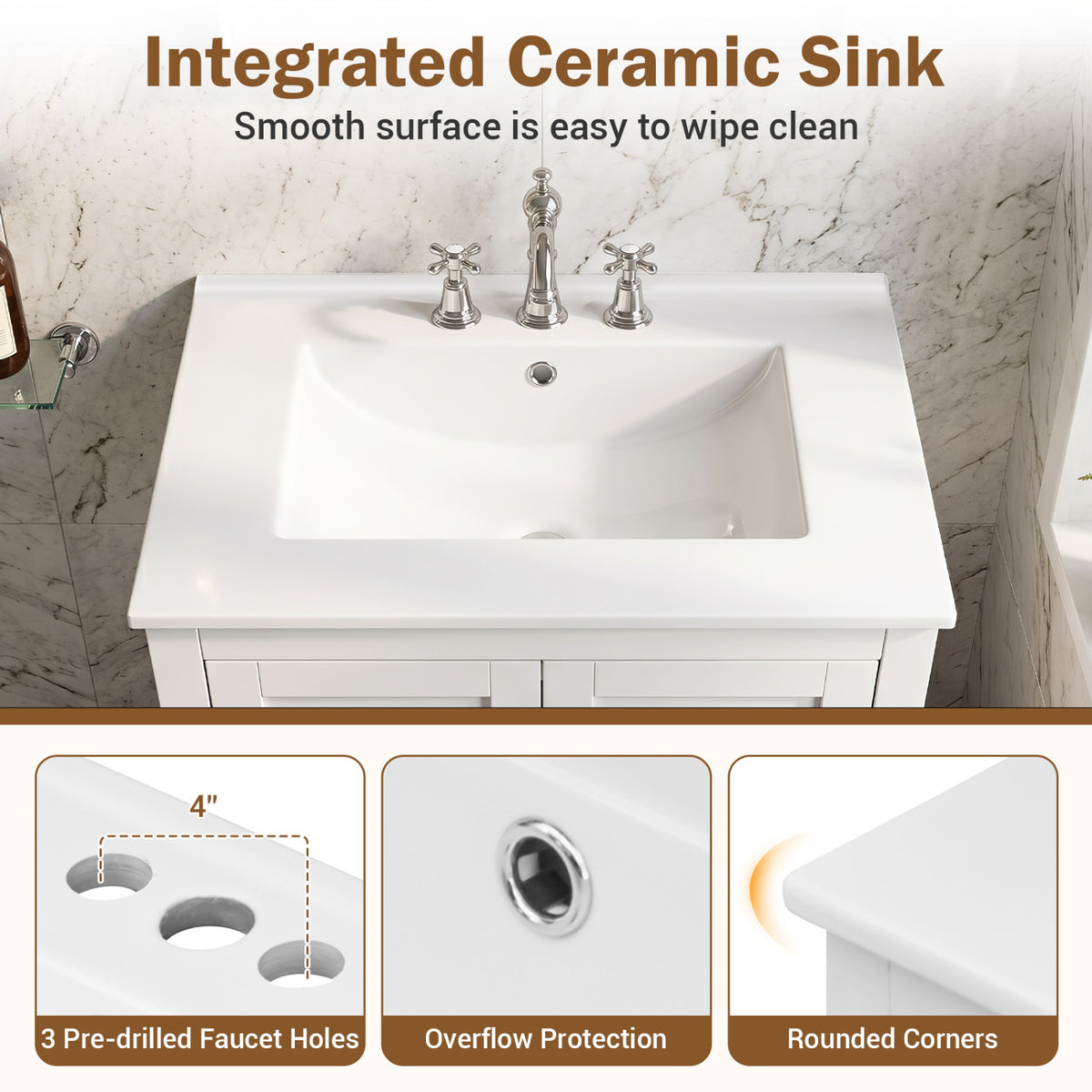 24.5" Modern Bathroom Vanity with Sink 2 Doors and Drawer-White