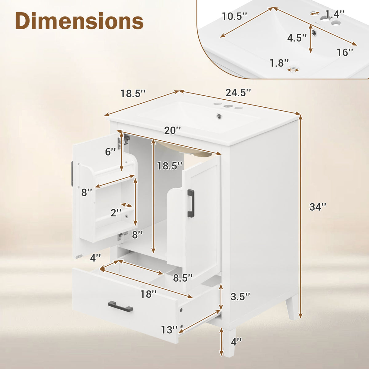 24.5" Modern Bathroom Vanity with Sink 2 Doors and Drawer-White