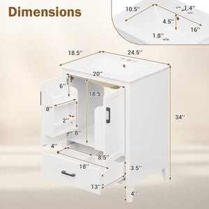 24.5" Modern Bathroom Vanity with Sink 2 Doors and Drawer-White