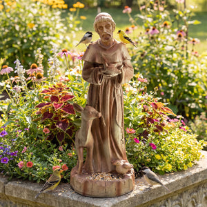 24.5 inch St. Francis Statue with Bird Feeder Saint Francis of Assisi with Animals Sculpture-Rustic Brown