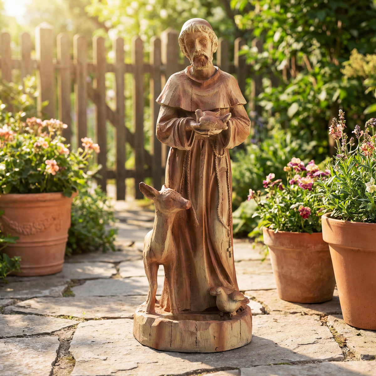 24.5 inch St. Francis Statue with Bird Feeder Saint Francis of Assisi with Animals Sculpture-Rustic Brown