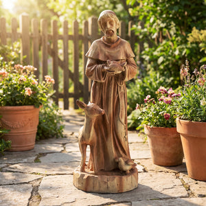 24.5 inch St. Francis Statue with Bird Feeder Saint Francis of Assisi with Animals Sculpture-Rustic Brown