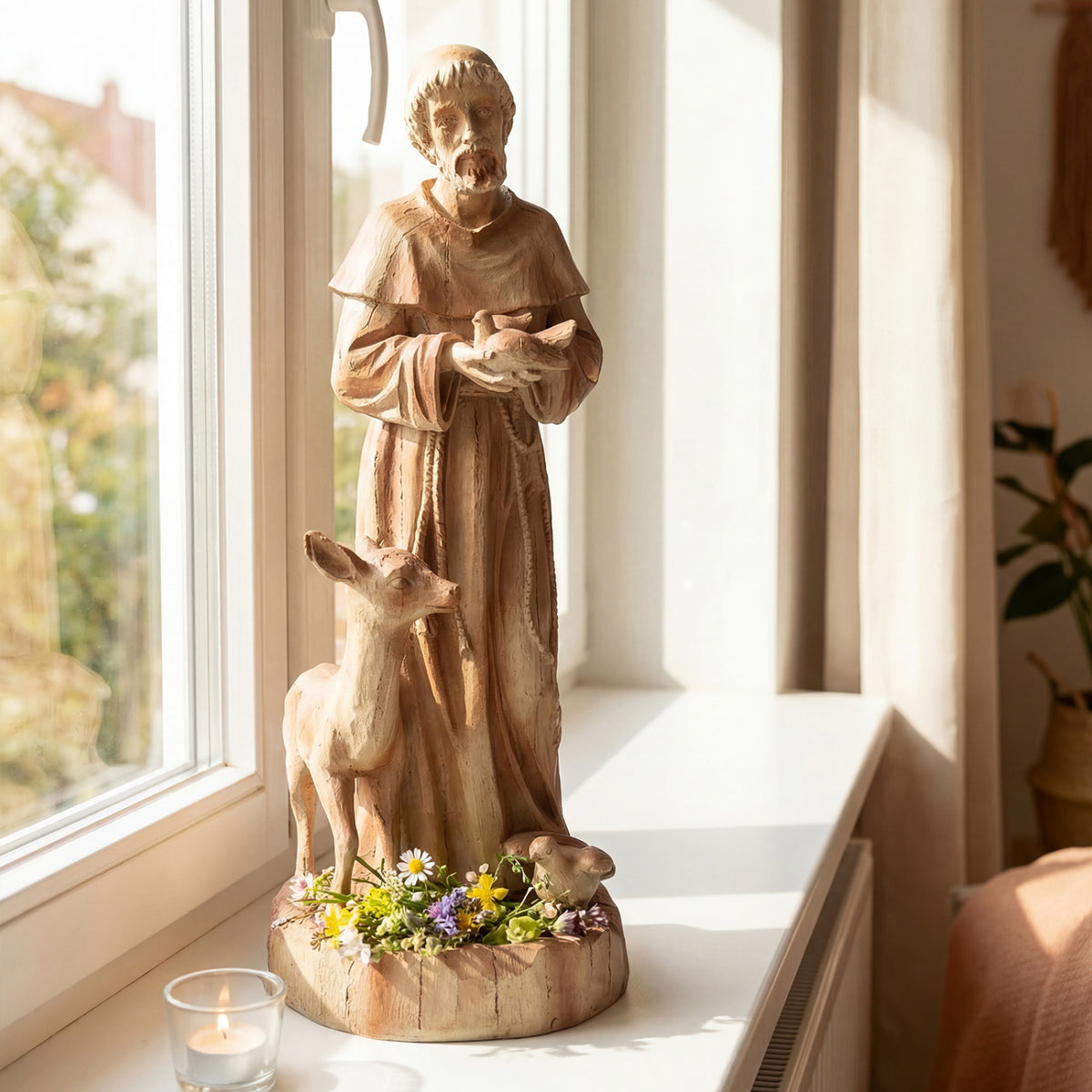 24.5 inch St. Francis Statue with Bird Feeder Saint Francis of Assisi with Animals Sculpture-Rustic Brown