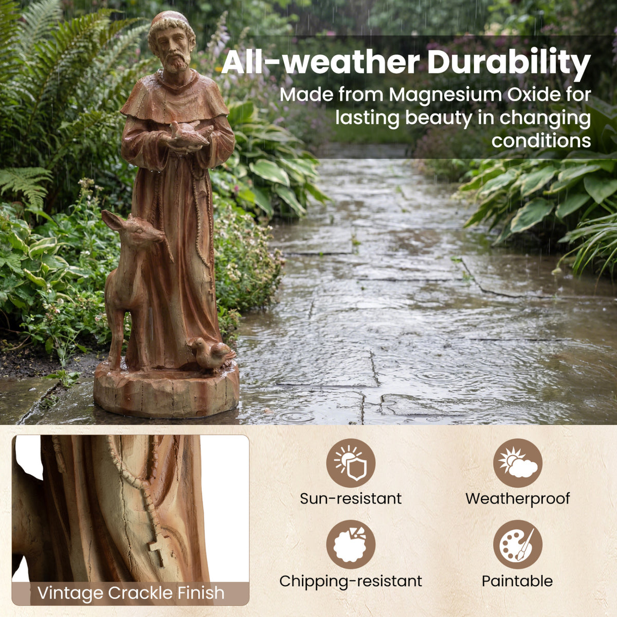 24.5 inch St. Francis Statue with Bird Feeder Saint Francis of Assisi with Animals Sculpture-Rustic Brown