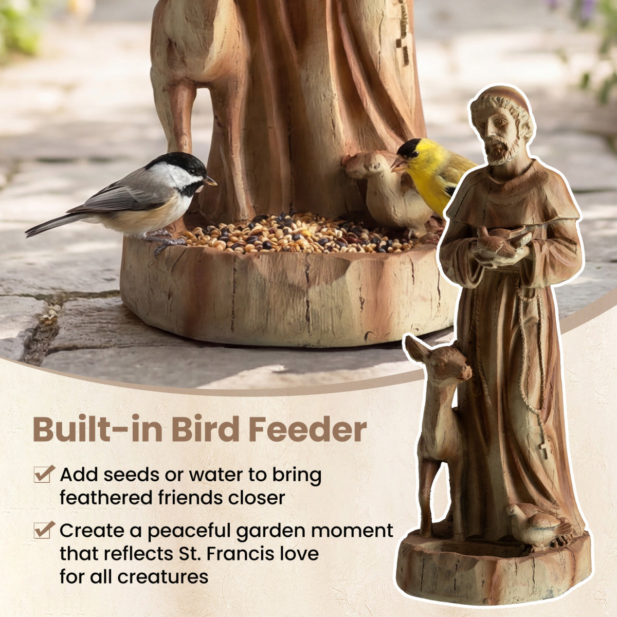24.5 inch St. Francis Statue with Bird Feeder Saint Francis of Assisi with Animals Sculpture-Rustic Brown