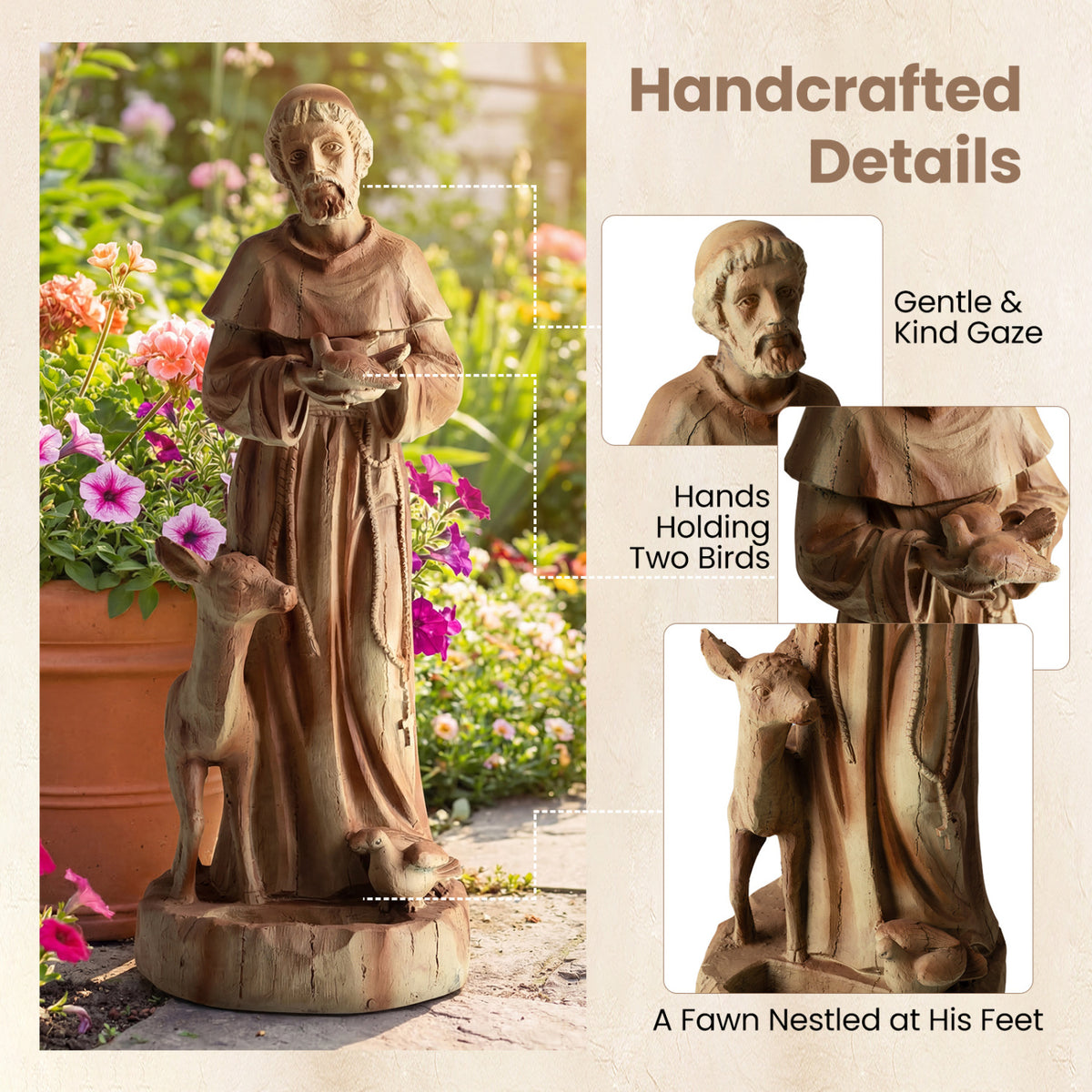 24.5 inch St. Francis Statue with Bird Feeder Saint Francis of Assisi with Animals Sculpture-Rustic Brown