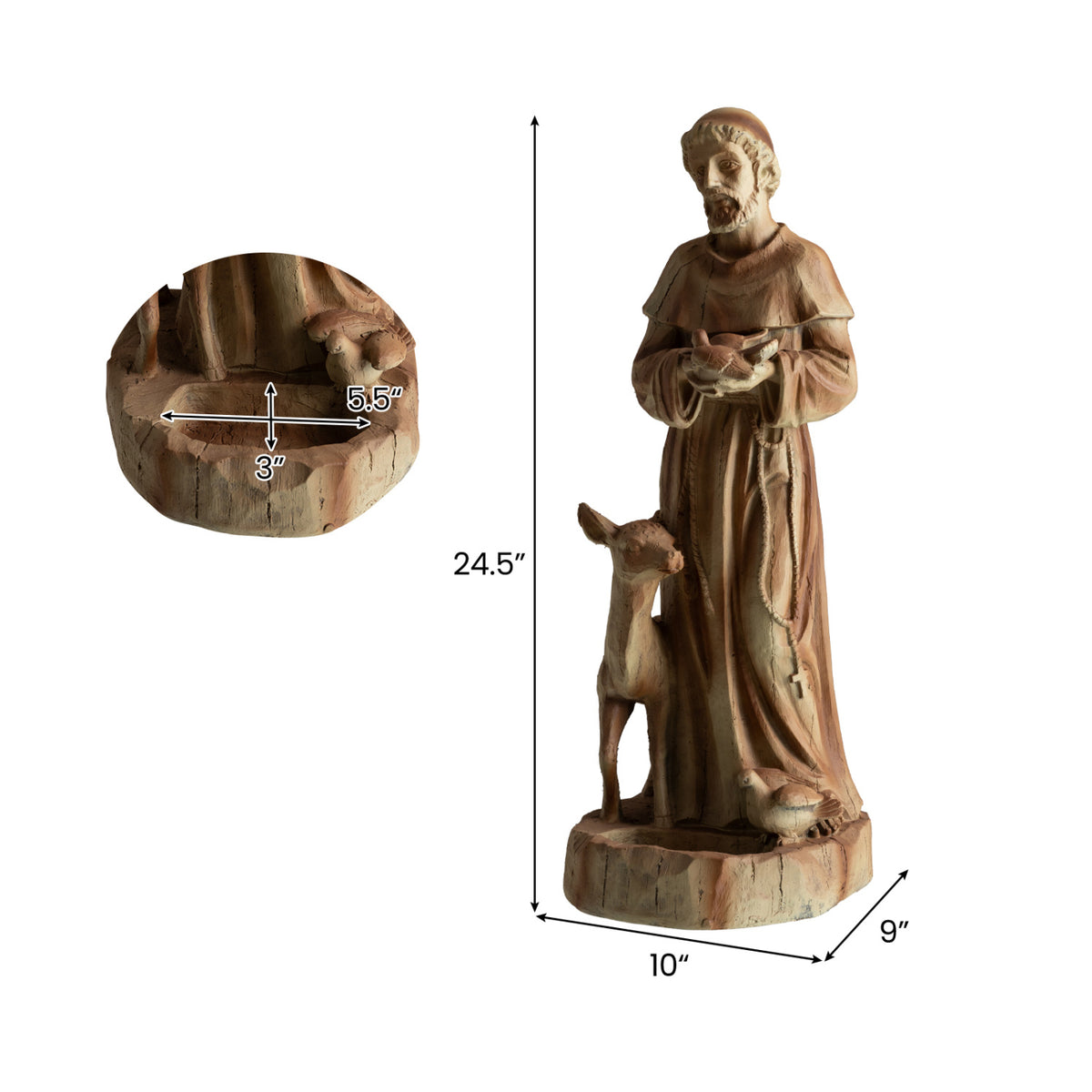 24.5 inch St. Francis Statue with Bird Feeder Saint Francis of Assisi with Animals Sculpture-Rustic Brown