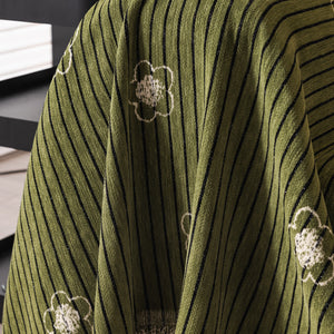 Chenille Camellia Floral Sofa Throw Cover Couch Blanket with Striped Jacquard