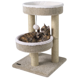 24" Cat Tower with 2 Plush Perches  Scratching Posts and Dangling Ball-Beige