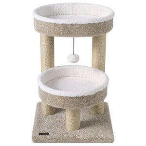 24" Cat Tower with 2 Plush Perches  Scratching Posts and Dangling Ball-Beige