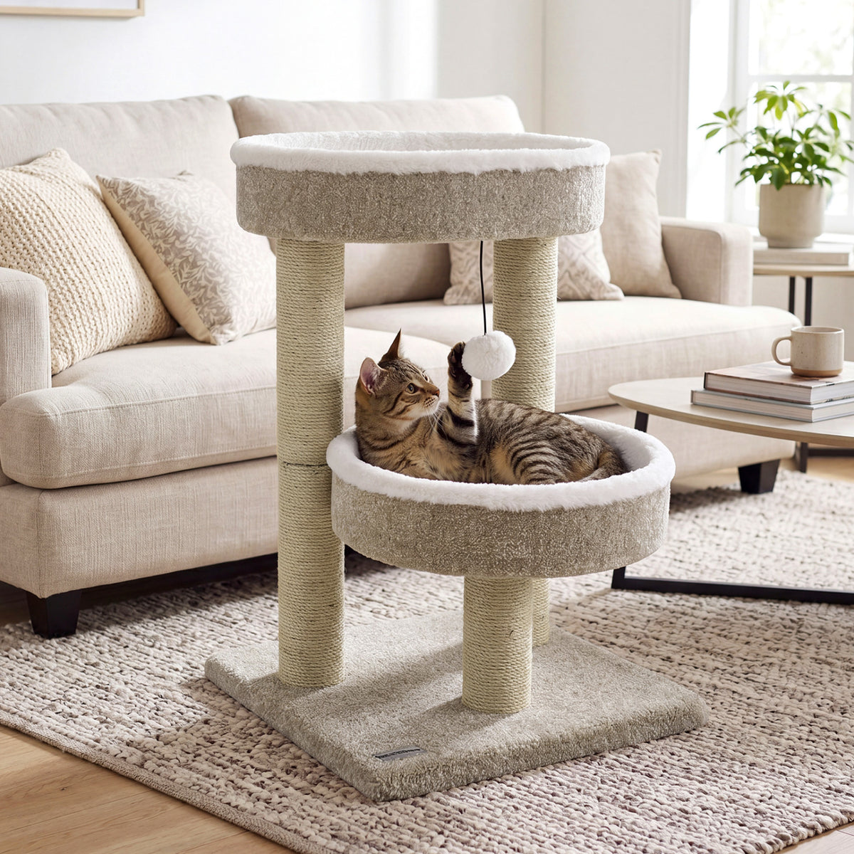 24" Cat Tower with 2 Plush Perches  Scratching Posts and Dangling Ball-Beige