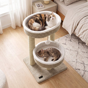 24" Cat Tower with 2 Plush Perches  Scratching Posts and Dangling Ball-Beige