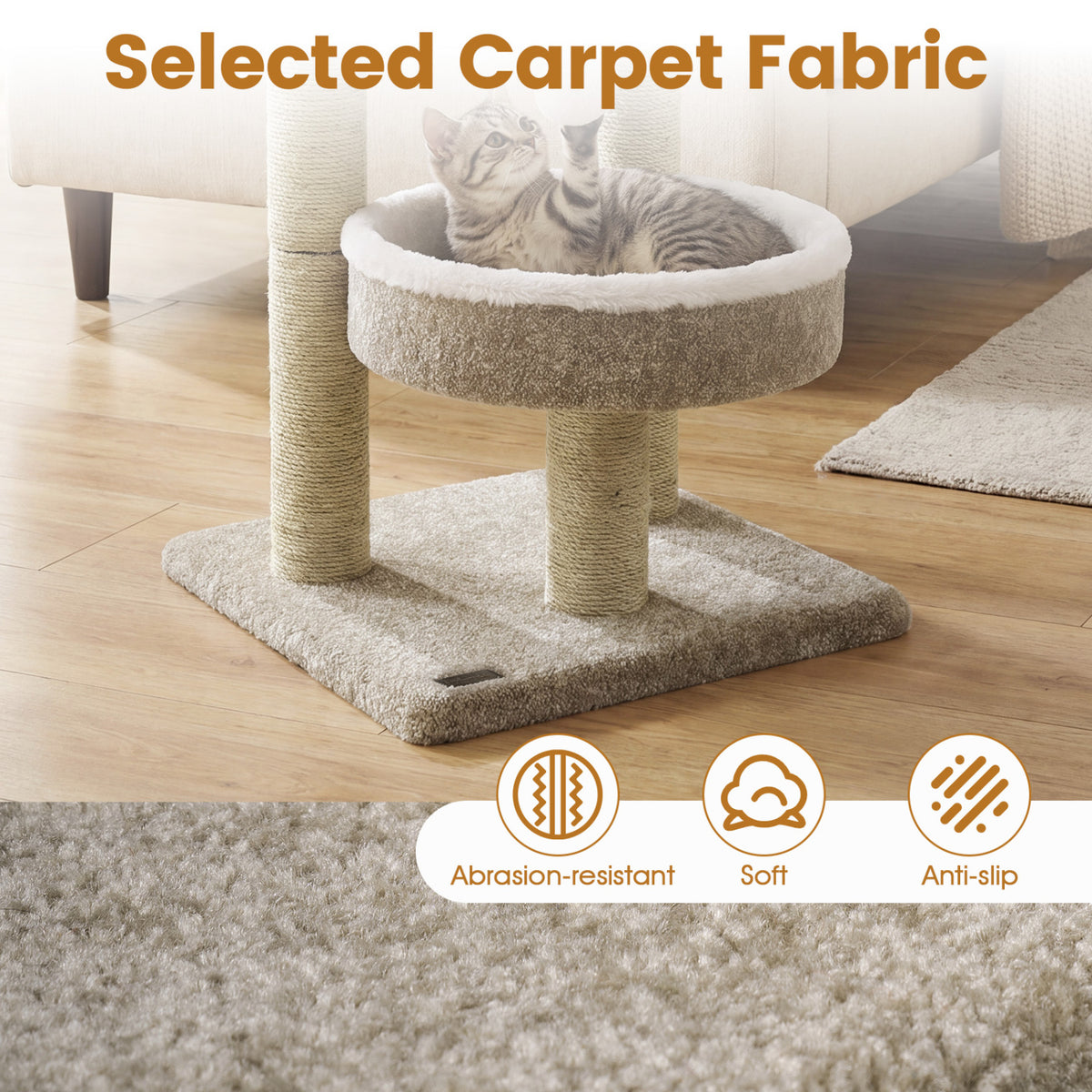24" Cat Tower with 2 Plush Perches  Scratching Posts and Dangling Ball-Beige