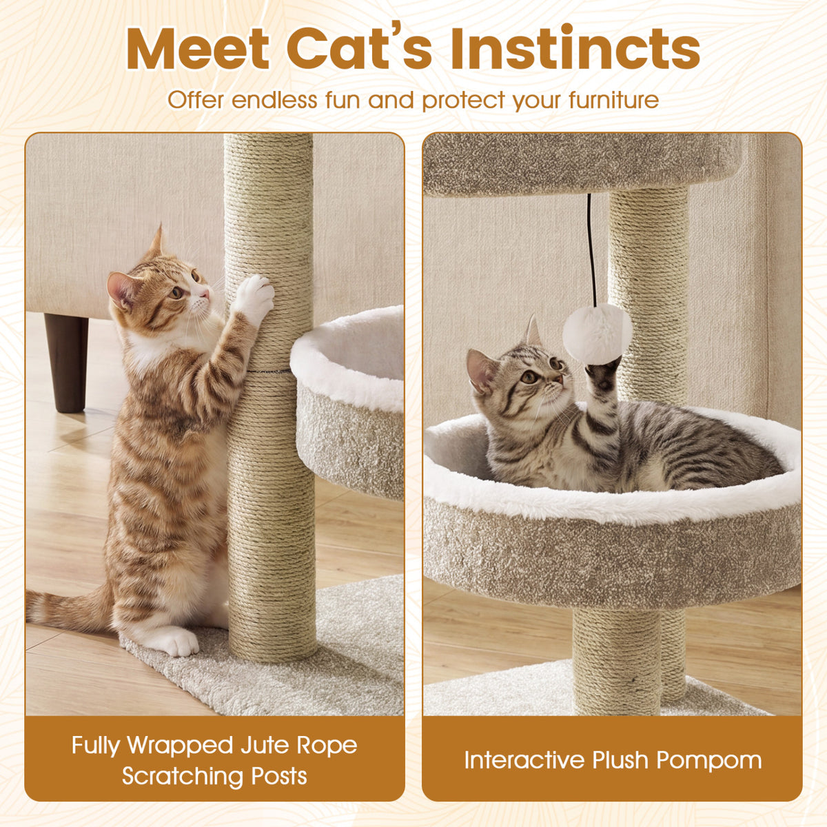 24" Cat Tower with 2 Plush Perches  Scratching Posts and Dangling Ball-Beige
