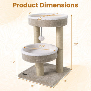 24" Cat Tower with 2 Plush Perches  Scratching Posts and Dangling Ball-Beige