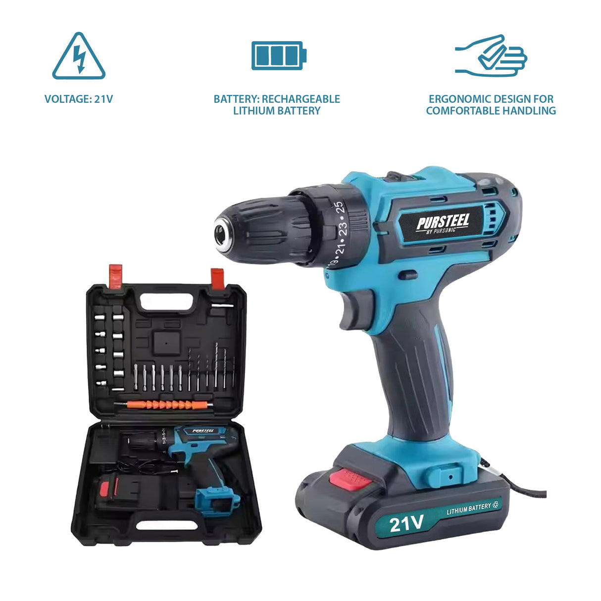 All-in-One Home Project Powerhouse: Pursonic 21V Cordless Drill, Handy Solutions 39-Piece Tool Kit, and Ultra Bright Flashlight