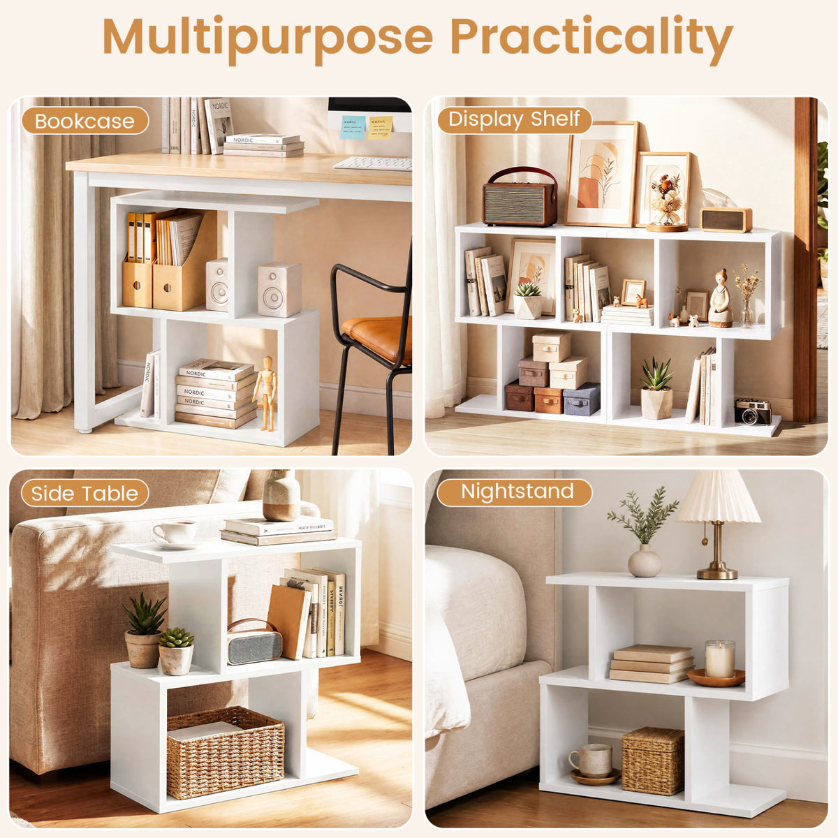 24 Inch 3-Tier Geometric Bookshelf with Thick Foot Pads-White