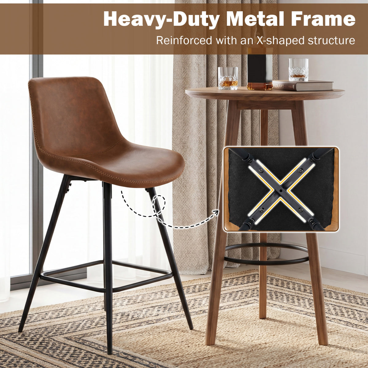 24 Inch Bar Stools Set of 2 with Backs and Footrests-Brown