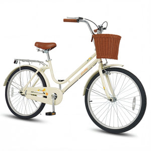 24 Inch Beach Cruiser Bike for Women with Woven Basket and Rear Rack - Beige