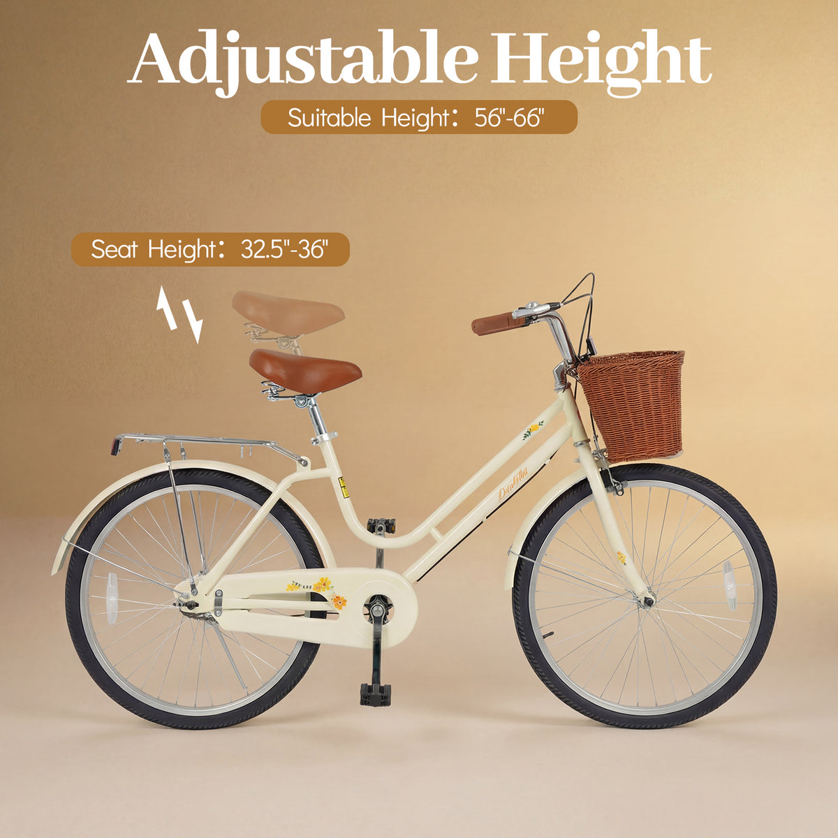24 Inch Beach Cruiser Bike for Women with Woven Basket and Rear Rack - Beige